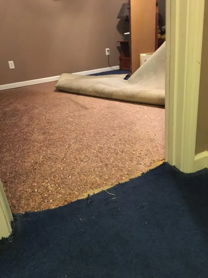 Carpet pad removal revealing water damage during Water Mitigation Services in York