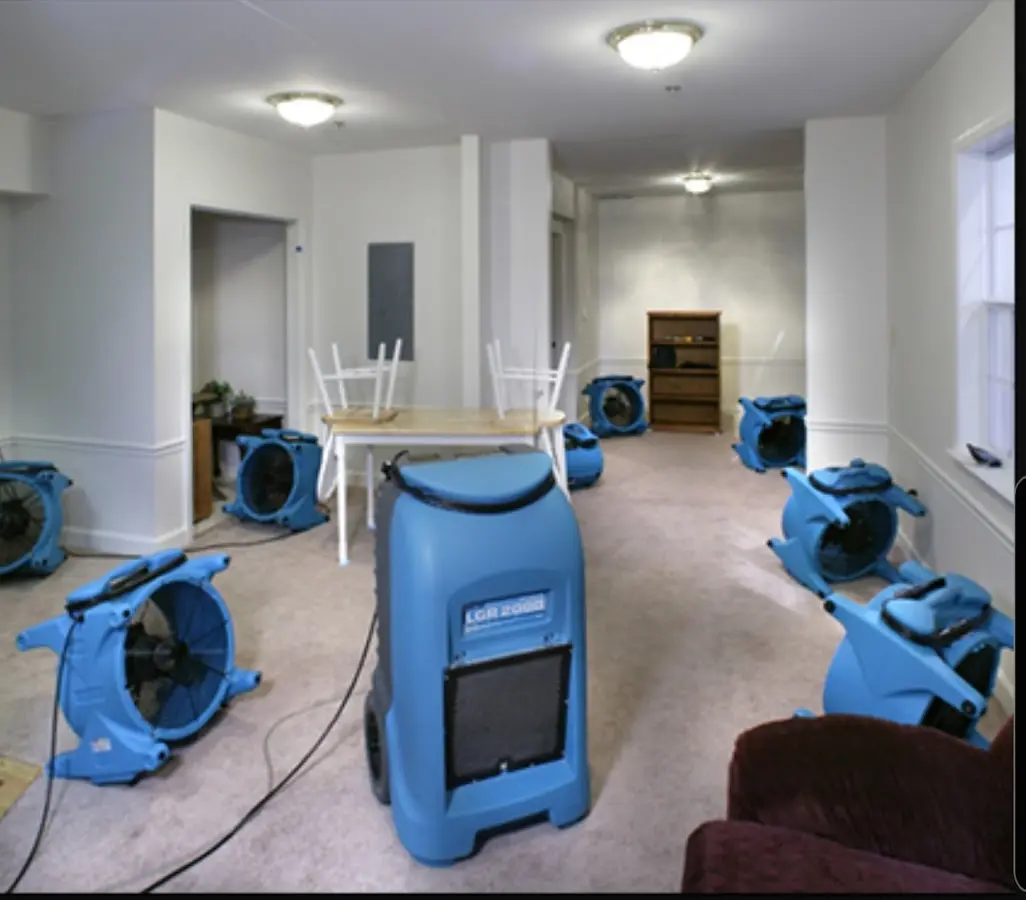 Air movers and dehumidifier setup for Water Damage Restoration in York